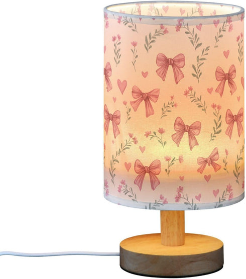 Pink Bows Hearts Flower Bedside Table Lamp Small Desk Lamps Linen Fabric Shade Decorative Nightstand Lamp LED with USB