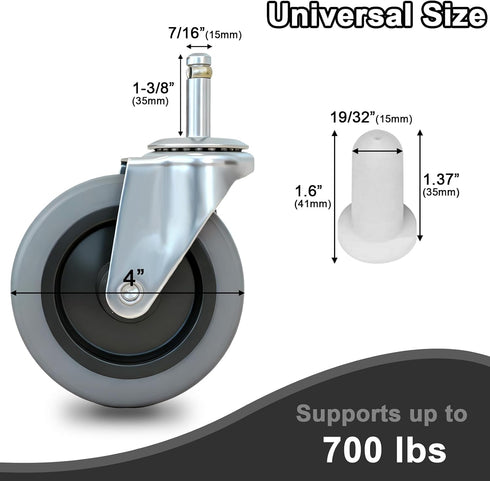 4 Inches Wheels,7/16-Inch 4 Pack Stem Caster Stem Diameter Swivel Rubber Casters,Heavy Duty TPR Replacement Wheels