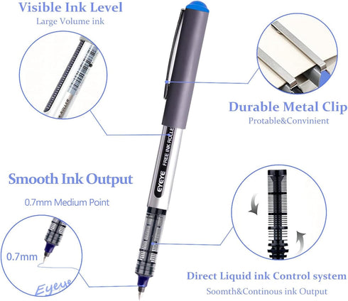 Blue Fine Tip Pen, Bullet Tip Liquid Ink Rollerball Pens, 0.7mm Fine point Pens,Free Ink Roller Fine Tip Pens, Blue Ink Liquid Rollering Pens, 12 Pack Office Bulk Pens by EYEYE