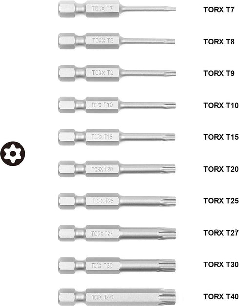 TORX Tamper Resistant Bits, Security TORX Bits (T7-T40), 50mm, 10-Pieces, High Grade S2 Steel