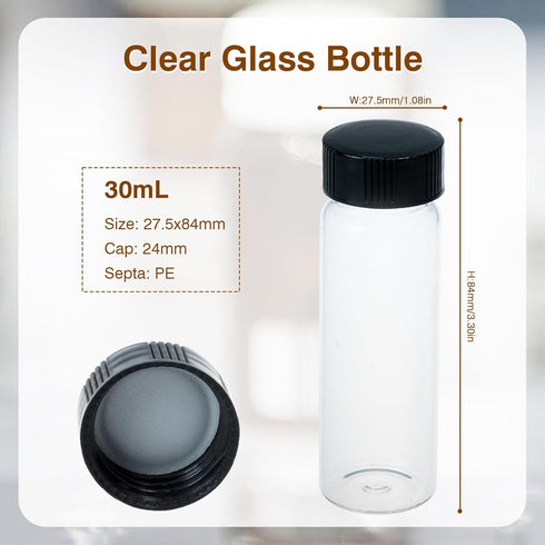 30ML (1oz) Clear Glass Vials, Small Liquid Sample Vial,27.5x84mm 30ml Borosilicate Glass Empty Vials with Caps, Black Screw Caps with PE Liner, Pack of 20