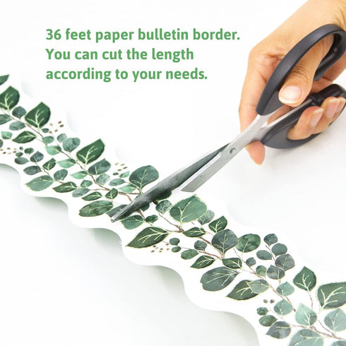 Worldbazaar Eucalyptus Bulletin Board Border, 36ft Greenery Leaves Die-Cut Paper Trim for Farmhouse Classroom Decoration