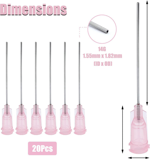 20 Pack 20Ga 1.5 Inch Blunt Tip Dispensing Needles, Pink Plastic Syringe Tapered Luer Lock for Industrial Use