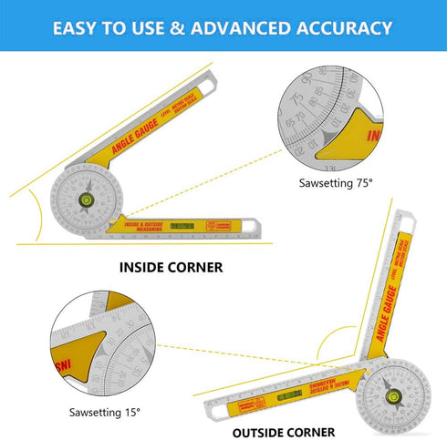 Miter Saw Protractor Angle Ruler, 360 Degree Measure Tool with High Accuracy Bubble Level for Carpenters