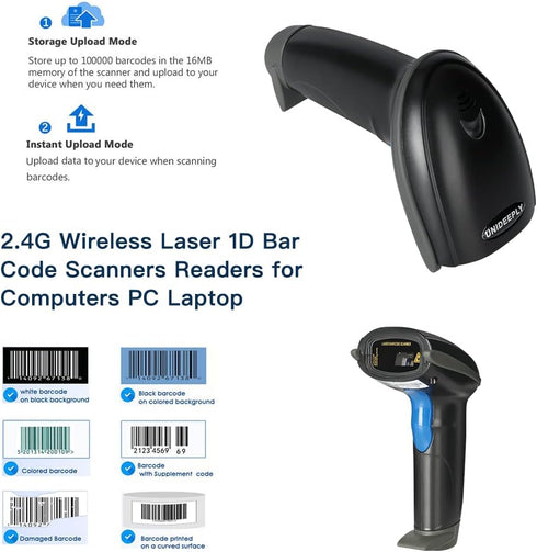 UNIDEEPLY 2.4G 1D Laser Wireless Bar Code Scanners Readers for Computers PC Laptop, Barcode Handheld, Hand Scanning
