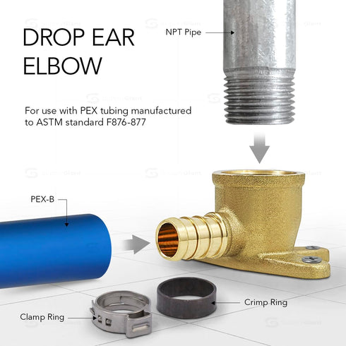Supply Giant QYEM0012-5 PEX Barb X FIP 90 Degree Drop Ear Elbow Pipe Fitting - 1/2" X 1/2" Brass (Pack of 5)