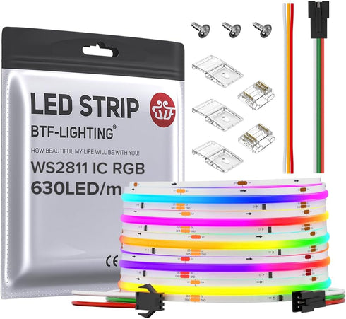 BTF-LIGHTING FCOB WS2811 IC RGB COB LED Strip 16.4FT DC24V 630LED/m Flexible