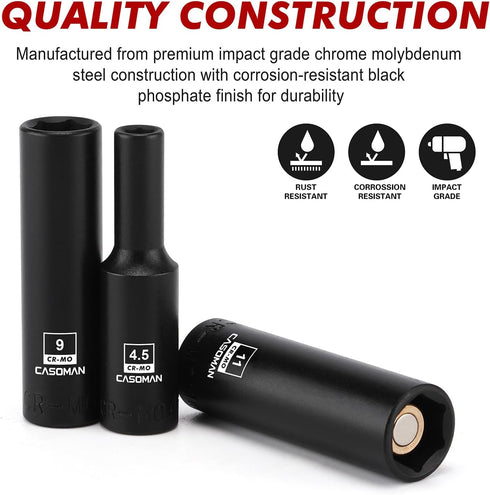 14PCS 1/4"Drive Set, 6-Point, 4mm 15mm, CASOMAN Magnetic Impact Socket Deep, Metric, to CR-MO