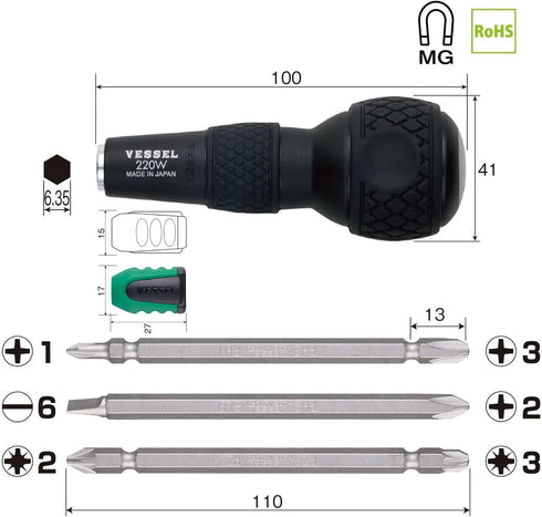 220W-3NMC Vessel Ball Grip Replacement Screwdriver with Screw Mag Catcher Plus, Negative, Posi Drive