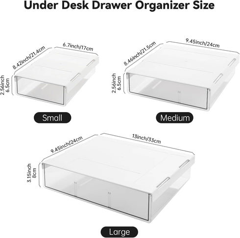 OTraki 3 Packs Under Desk Drawer Organizer, Clear Plastic Storage with Slide Out Drawer, Self-Adhesive