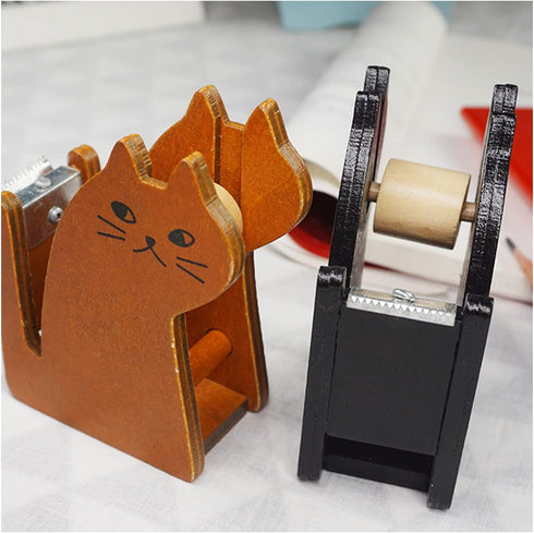 Cute Cat Tape Dispenser, Vintage Wooden Kitty Tape Cutter with 1 Roll Tape for Home Office, Students, Girls, Boys