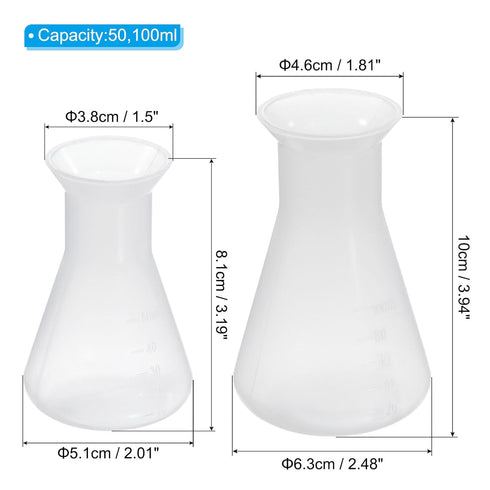 PATIKIL 50,100ml Plastic Erlenmeyer Flask, 2 Pack Wide Mouth Conical Flask for Laboratory, Clear