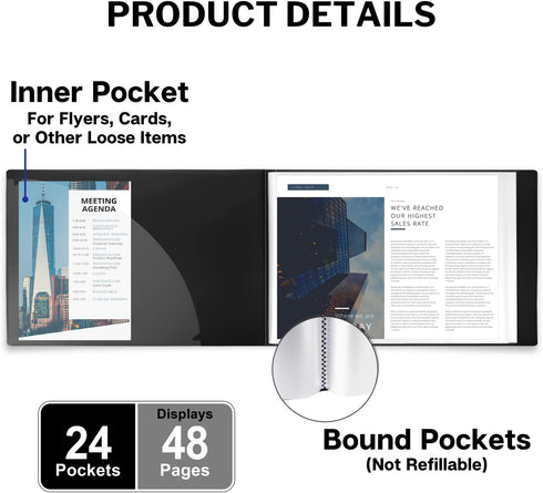 Dunwell 8.5x11 Portfolio Binder, Plastic Presentation Book, 24 Pockets for Letter Size Documents, Acid-Free Poly