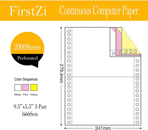 FirstZi Half Sheet 3 Part Carbonless Computer Paper, 9.5"x5.5", 666 Sets for Dot Matrix Printer, 3 Color