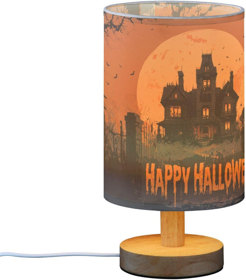Aslsiy Spooky Castle Halloween Moon Bedside Table Lamp Orange Nightstand Lamp Night Light Fabric Shade for Bedroom