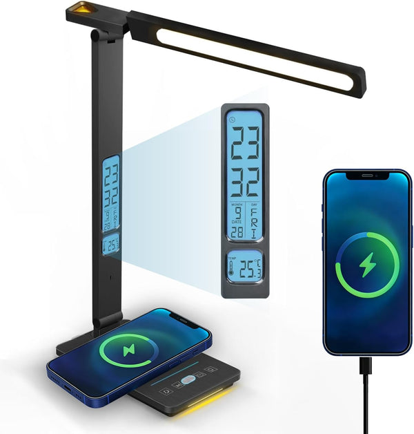 Xicyole Desk Lamp with Wireless Charger, USB Charging Port, Smart Display Clock, Adjustable
