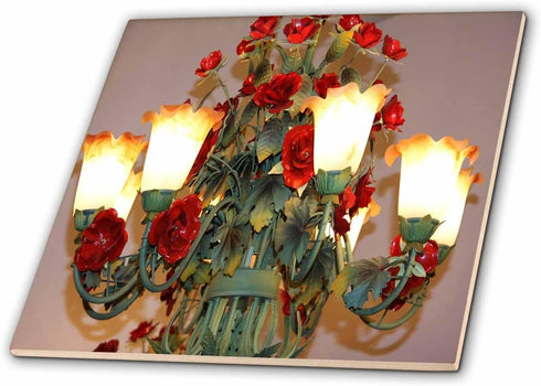 3dRose Image of Pretty Chandelier with Red Flowers 8 Inch Ceramic Tile