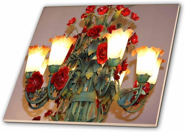 3dRose Image of Pretty Chandelier with Red Flowers 8 Inch Ceramic Tile