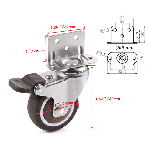 Skelang 1'' 25 Lbs Pack 4 Swivel Plate TPE Caster, Low Profile L-Bracket Caster with Brake, Silent Casters Wheels
