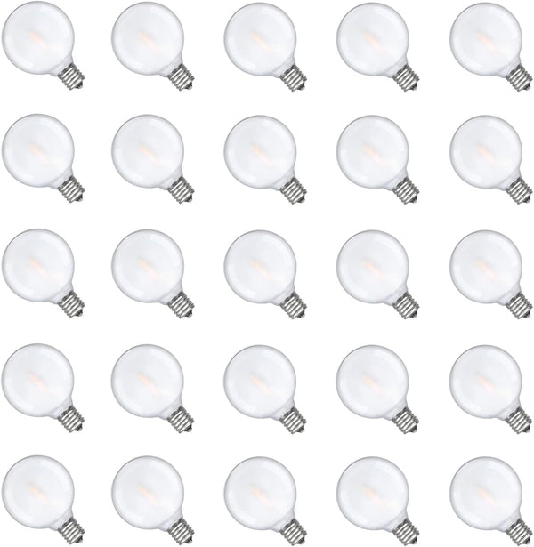 25 Pack G40 Frosted LED Replacement Bulbs, 0.6W Shatterproof LED Globe Light Bulbs, E12 Candelabra Base, Frosted White