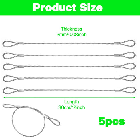 Fyntave 5 Packs 2mm 12 Inch Security Cable with Loops Stainless Steel Cable Vinyl Coated Hanging Travel Security Cables