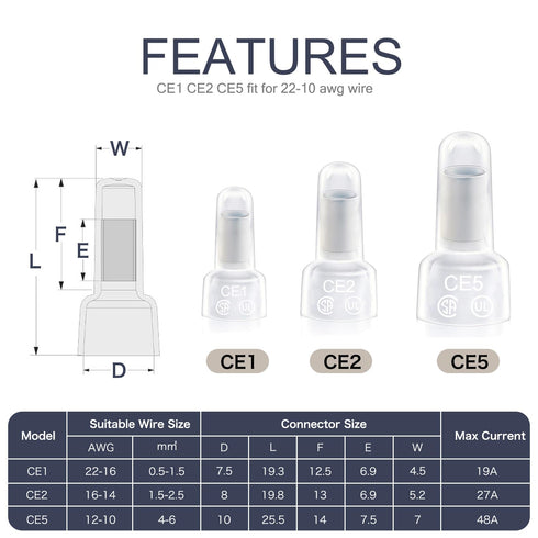 Chanzon CE1 Pure Copper Closed End Crimp Connector for 22-16 AWG Gauge Nylon Insulated Core Splice (100pcs)