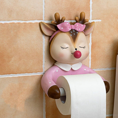 WOONEKY Wall-Mounted Pink Toilet Paper Holder Tissue Storage Rack Cute Deer Design Bathroom Roll Paper Rack
