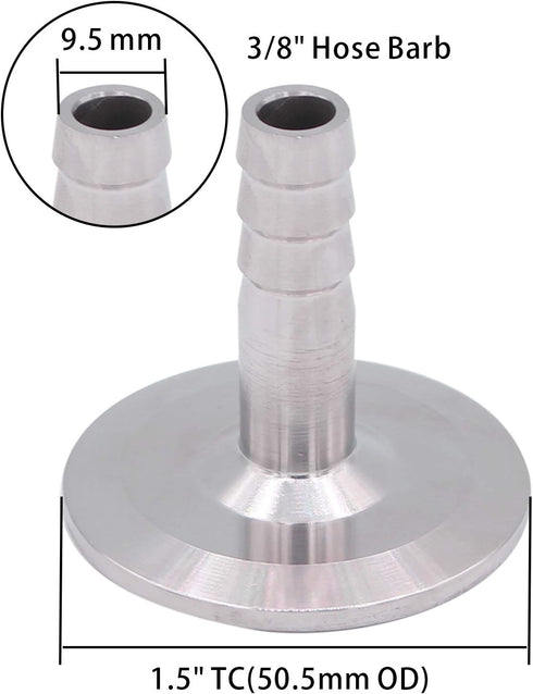 DERNORD 2 Pack 1.5" Tri Clamp to 3/8" Hose Barbed Adapter - SUS304 Sanitary Hose Barb Pipe Fitting
