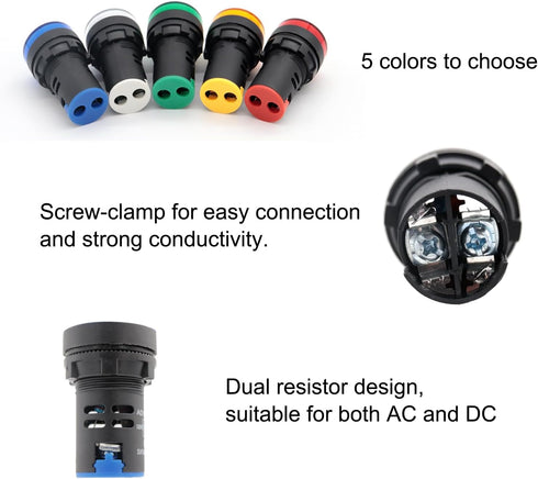 LED Indicator Light AC/DC 110V 20mA Flush Panel Mount, Red Green Blue Yellow White, 10 Pcs