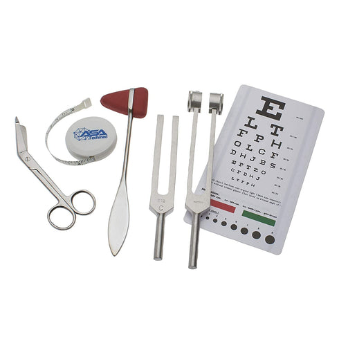 Set of 6 pcs Diagnostic Reflex Percussion Kit - Stainless Silver Taylor Hammer, Measuring Tape, Tuning Forks, Scissors,