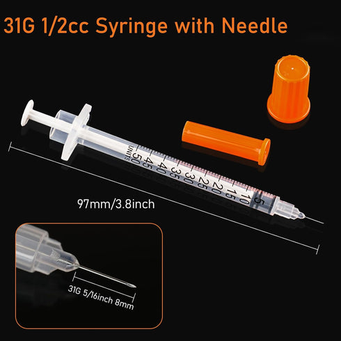 U-100 1/2ml Syringe with Needle, 31G 5/16" 8mm, Disposable Pack of 100