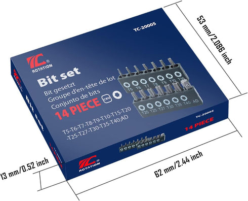 ROTATION 14-Piece Tamper Resistant Star Bits, Chrome Vanadium Steel, T5 - T40 Impact Grade Security Torx Bit Set