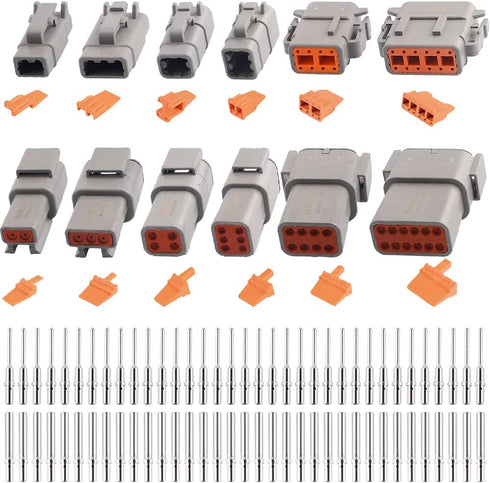 JRready ST6141 DTM Connector Kit, 2-12 Pin Grey IP67 Waterproof Connectors with 35 Pairs Barrel Style Solid Contacts