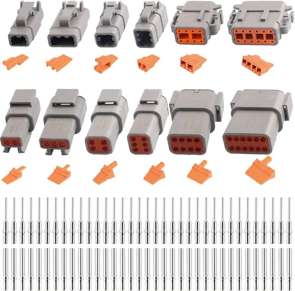 JRready ST6141 DTM Connector Kit, 2-12 Pin Grey IP67 Waterproof Connectors with 35 Pairs Barrel Style Solid Contacts