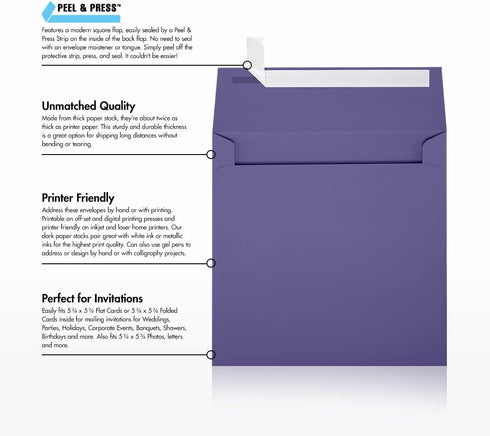 LUXPaper Square Invitation Envelopes - Peel & Press, 6" x 6", Wisteria Purple, 80lb. Text, 50 Qty