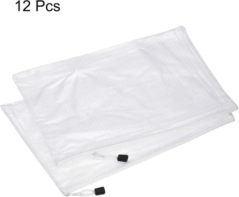 MECCANIXITY A4 Size Mesh Zipper Bags, Plastic Zip File Pouch Document Folders for Home Office Travel, White, 12 Pack