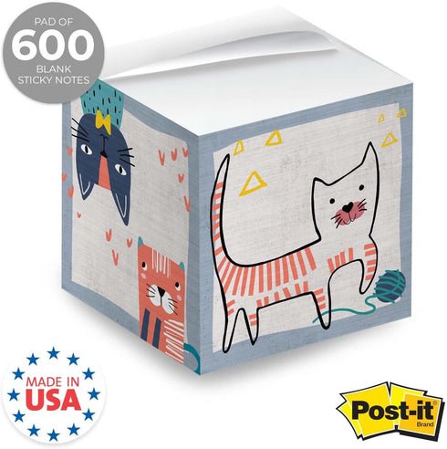 Whimsical Cats Sticky Note Cube / 600 Sheets / 2.75" Memo Block Printed on 4 Sides/Different Feline Design On Each Side/Cat Lover Note Cube by Gotcha Covered Notebooks