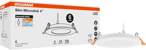 4" 10W, 5 (2700K 5000K) 700 90 Dimmable, 6 Pack (61189) Sylvania Slim Microdisk Downlight, CCT Select - Recessed
