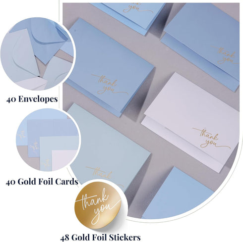 Pack 40, 5x3.5 Inch Gold Foil Thank You Cards - Bulk of with Matching Stickers & Envelopes (Blue) Textured Surface