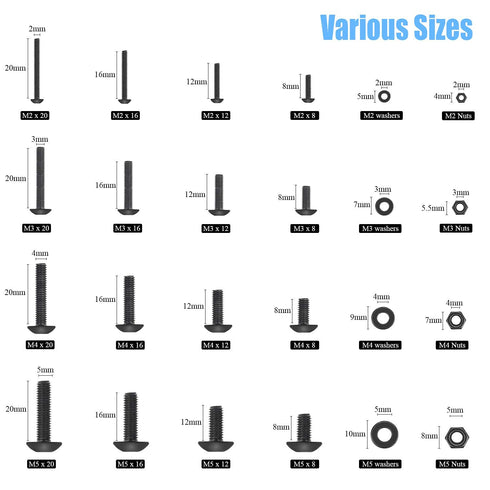 1220 Pieces M2 M3 M4 M5, 10.9 Grade Alloy Steel Hex Button Head Cap Bolts Screws Nuts Washers Assortment