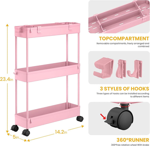 SPACELEAD Slim Storage Cart, 3 Tier Bathroom Rolling Utility Organizer, Mobile Shelving Unit, Pink