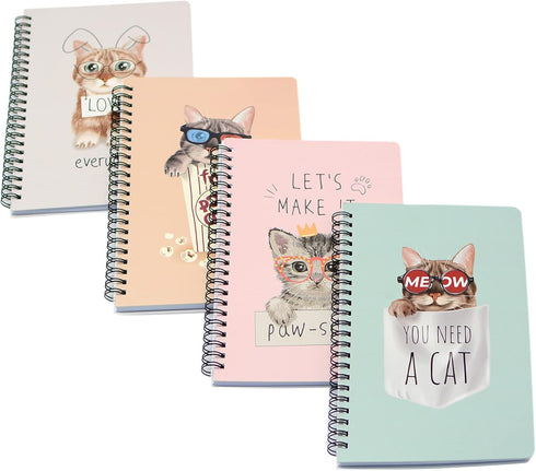 Yansanido Spiral Notebook, 4 Pcs A5 Thick Cat Design, 80 Sheets, 4 Color, 160 Pages Journals for Study