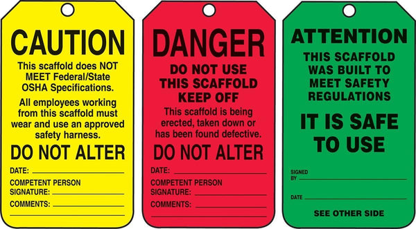 AccuformNMC Pack of 25 PF-Cardstock Scaffold Status Tags, 5.75" x 3.25", Danger/Caution/Attention, American Made