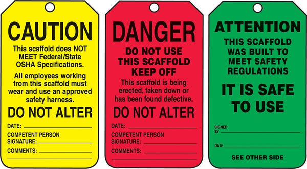 Accuform RP-Plastic Scaffold Status Tag, "Danger/Caution/Attention", 5.75" x 3.25" x 0.015", Black Green/Yellow/Red