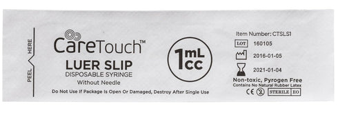 Care Touch CTSLS1-VC Luer Slip Syringe 1ml - 100ct, No Needle