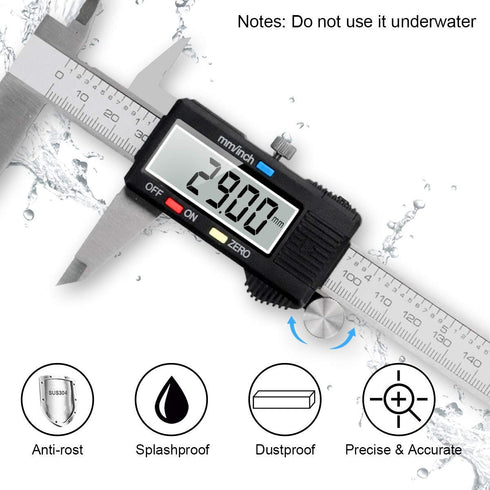 Caliper Measuring Tool, Qfun Vernier Digital Caliper Stainless Steel 6 Inch/150mm Waterproof with Large LCD Screen