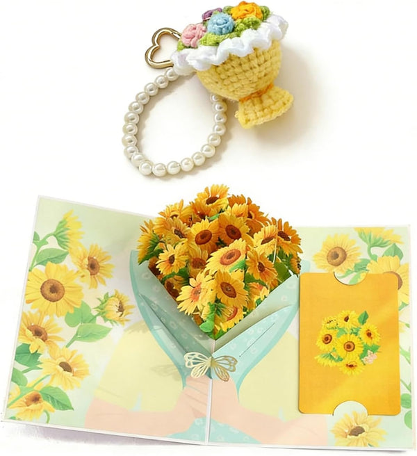 Generic 3D Sunflower Pop Up Card + Crochet Flower Keychain - Mother's Day