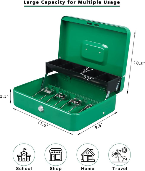 Lock,Tiered,4 5 Slots,11.8" 9.5" 3.5",Green xydled Cash Box with Money Tray and Key Bill / Coin x x