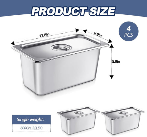 Mifoci 4 Pack Stainless Steam Hotel Pan with Lid, Reusable Anti Rust for Home & Restaurant