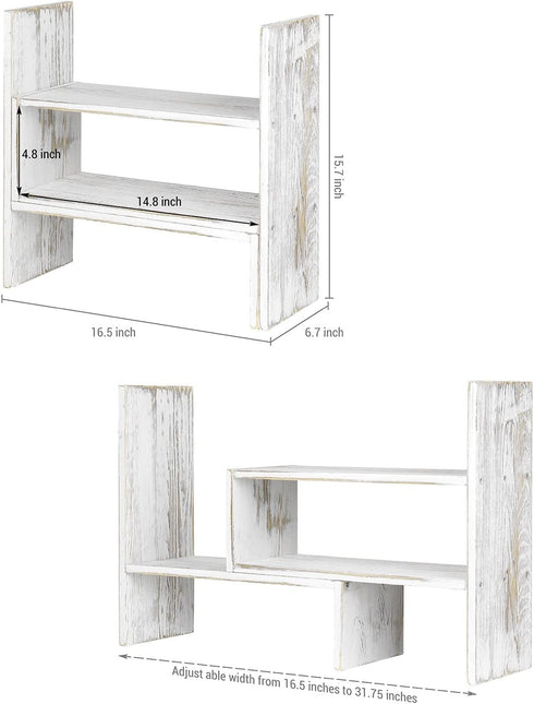 MyGift Adjustable Whitewashed Solid Wood Desktop Storage Organizer, Display Shelf Book Rack for Office Desk